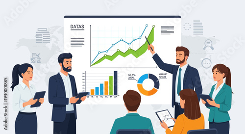 Professional office meeting vector illustration of corporate teamwork concept in a business environment with a presentation on data analysis and growth