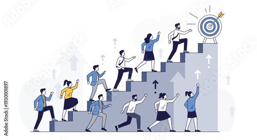 Professional Office Meeting Vector Illustration of Colleagues Climbing Stairs Together