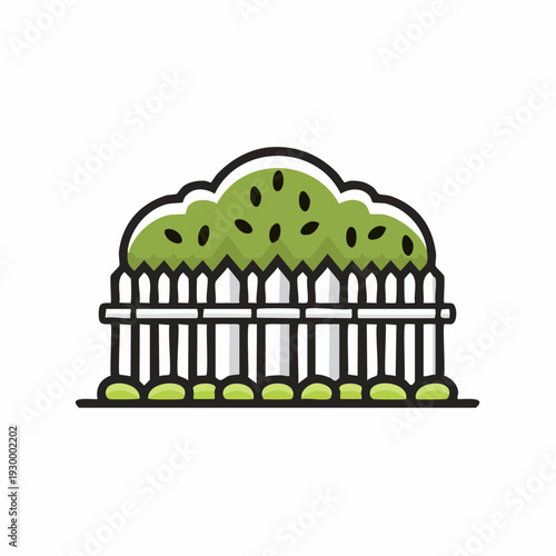 A white picket fence bordering a lush green bush in a simple illustration style