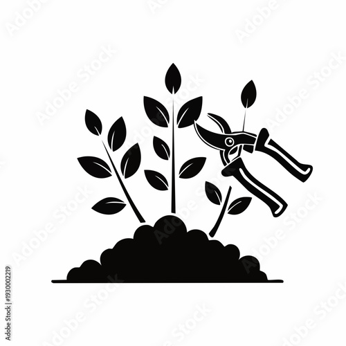 Minimalist vector illustration of pruning shears actively trimming a growing plant, symbolizing essential garden maintenance, plant care, and horticultural practices for healthy growth