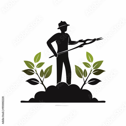 Vector silhouette of a person working the land, cultivating small green plants, embodying the concept of gardening, farming, and sustainable agricultural practices for growth and nurturing nature