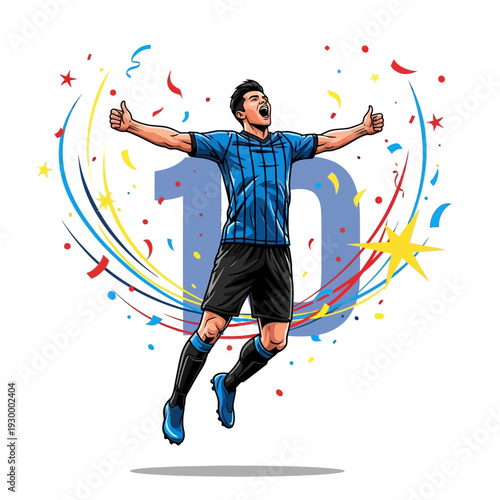 Man celebrating with arms outstretched in joyful colorful confetti