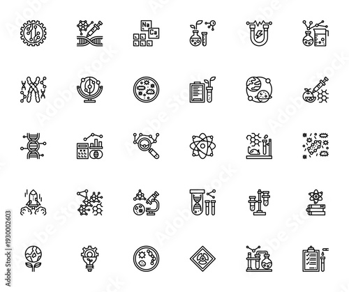 Genetics and Bioengineering icon set. Linear vector symbols for DNA, laboratory, research, atom, bacteria, rocket, science and more. Editable stroke.