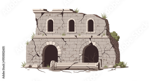 A ruined two-story stone building with cracked walls and arched doorways stands behind a fallen fluted column.