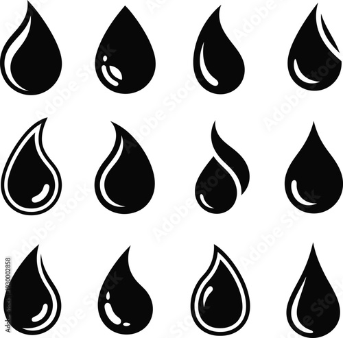 Set Of Twelve Black Water Drop Silhouettes And Liquid Droplet Icons Isolated On White