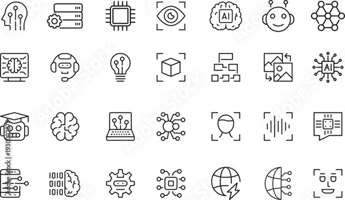 Artificial intelligence set of web icons in line style.Contain icons related to artificial intelligence, AI, and more. Editable stroke. Vector illustration
