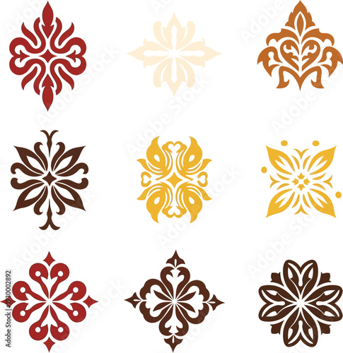 Set Of Nine Symmetrical Floral Ornaments With Warm Earth Tone Colors