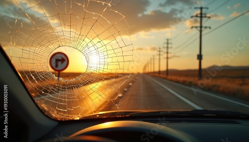 Driver views cracked windshield on desolate road at sunset. Turn sign visible through broken glass. Danger on highway ahead. Travel caution advised.