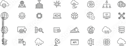 Network icon set. Networking icons in line style. Editable web icons internet, wireless, cloud computing, computer, communication, database, cyberspace, server, device, digital.