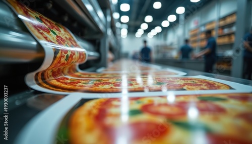Large scale printing machine produces pizza packaging labels. Automated production line works fast. Workers oversee process in food factory. High quality print output.