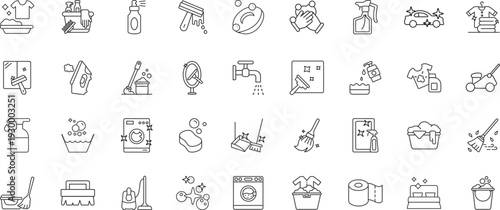  outline cleaning icons including dish, soap, detergent, mop, sponge, wipe, trash can, vacuum. vector icons