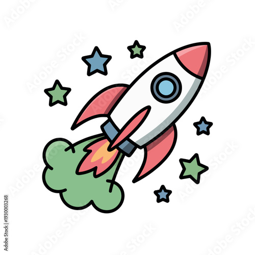 Cartoon rocket ship blasts off through colorful stars illustrating rapid growth and success.