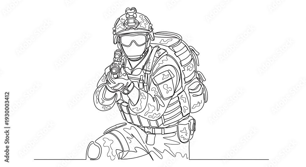 Obraz premium Soldier in tactical gear crouching with gun ready