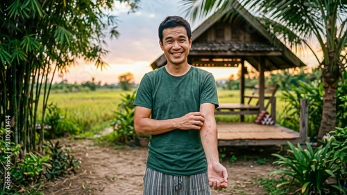 A man is smiling in a rural area with mosquito bites on his arm.