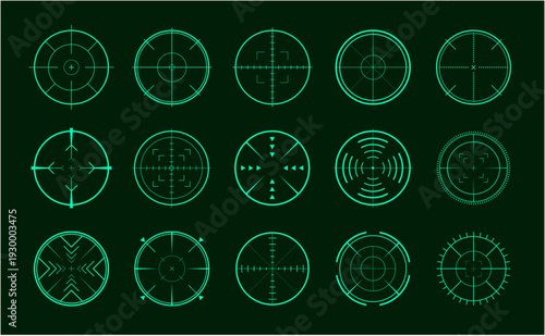 サイバーパンクなHUD照準セット｜近未来的なUIデザインとネオングリーンのターゲットアイコン