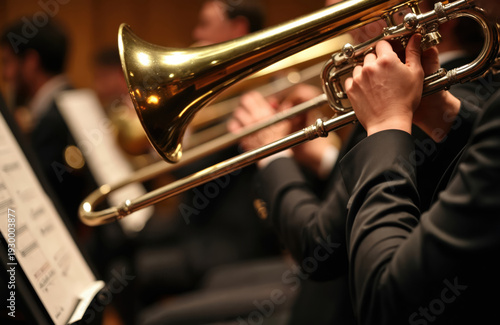 Musician plays golden trombone during orchestral performance. Focus on brass instrument slide and hands moving. Other players blurred in background. Sheet music visible on stand.