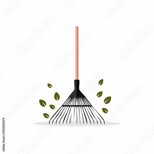 A flat design illustration of a garden rake poised on a white background, surrounded by scattered green leaves, symbolizing seasonal yard work, autumn clean-up, and outdoor gardening activities