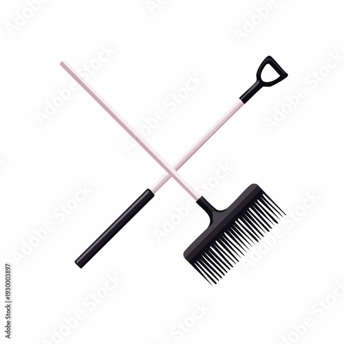 Modern graphic of crossed gardening tools a pink-handled rake and shovel, symbolizing readiness for spring planting, diligent yard work, and the fulfilling hobby of cultivation