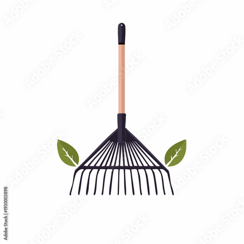 Essential garden rake featuring a wooden handle and black tines, perfect for efficient yard cleanup and seasonal maintenance, accented by green leaves