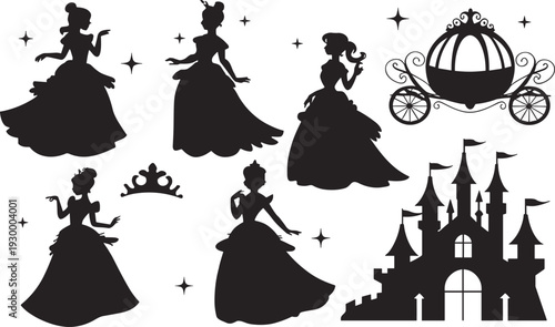 Fairy tale silhouette vector illustrations featuring princesses in gowns, royal carriage, crown, magical castle, and sparkles representing fantasy, royalty, children’s story themes