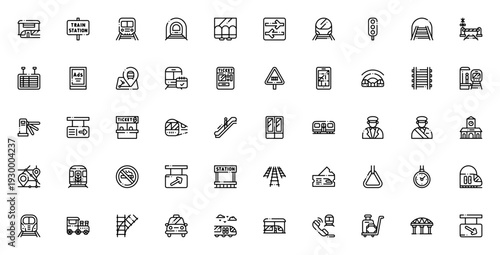 Train station icon set. Vector transportation symbols collection. Includes subway, rail, ticket, escalator, signage, schedule, location, and more. Minimal line icons.