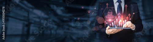 Businessman using a tablet for analyzing secure coding data and information, cybersecurity development, software security, vulnerability prevention, application protection, IT compliance.