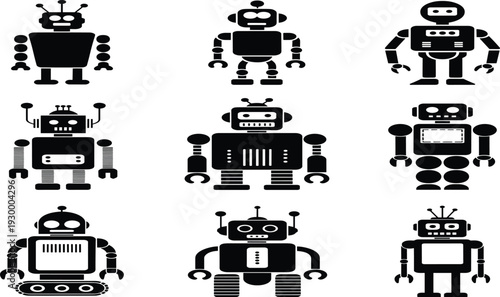 Set of nine black and white robot silhouettes featuring retro-futuristic designs with antennas, gears, wheels, claw hands, buttons, and cartoon-style mechanical characters for technology themes