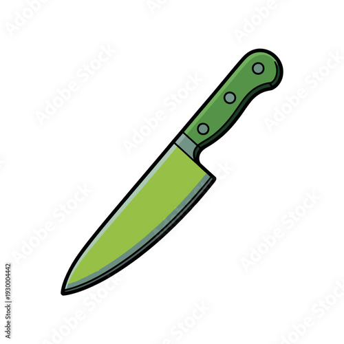Chef's kitchen knife featuring a sharp steel blade and a bright green ergonomic handle for culinary.