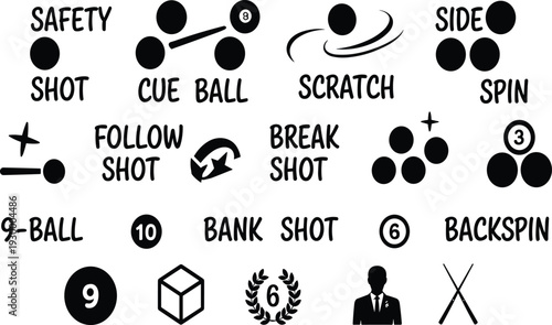 Vector icons illustrating billiards and pool terminology including cue ball, safety shot, scratch, spin, break, bank shot, numbers, and gameplay symbols for sports design resources