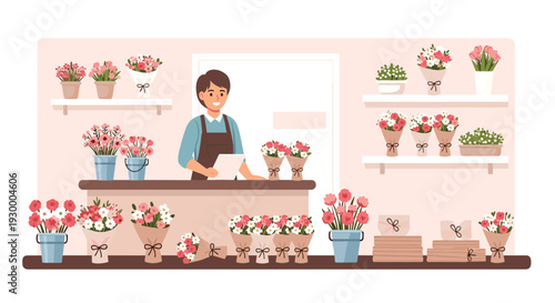 A male florist stands behind a counter in a flower shop holding a clipboard while surrounded by shelves of bouquets.