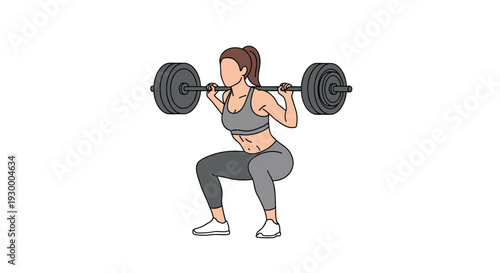 A woman in grey athletic wear performs a deep squat while holding a heavy barbell across her shoulders in a studio.