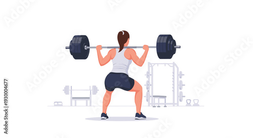 A woman in a white tank top performs a barbell squat while facing a gym interior filled with weightlifting equipment.