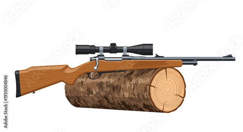 A wooden stock hunting rifle with a black scope positioned on top of a large textured tree log showing detailed wood grain.