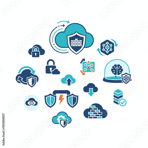 Visual Icons Illustrating Secure Cloud Computing, Data Protection, and Digital Transformation Journey Concepts with Network Security