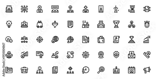 Head Hunting icon set. Recruitment vector icons pack. Minimalist line icons for hiring, interview, resume, candidate, selection, contract, management and more. Editable stroke.