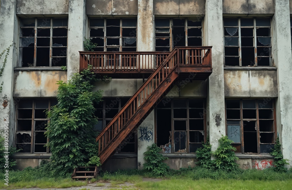 Fototapeta premium Old abandoned factory building exterior with broken windows and rusty external staircase. Overgrown green plants cover parts of weathered concrete facade. Graffiti marks walls of decaying structure.