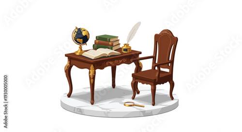 An antique wooden writing desk with gold trim holding a globe books and a quill pen positioned next to a matching chair on marble.