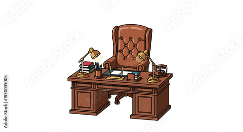 A large wooden desk with a brown leather executive chair featuring two brass lamps a rotary phone and a stack of books on top.