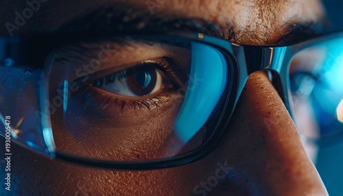 Visionary Gaze: A close-up shot of a person's eye, with glasses reflecting a digital screen, evokes a sense of concentration and technological immersion.