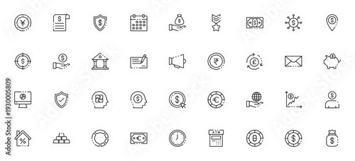 Banking and ATM icon set. Vector symbols for yen, shield, money bag, ATM, global finance, piggy bank, and more. Editable thin line illustrations.