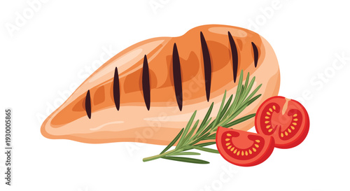 A detailed illustration displays a single grilled chicken breast garnished with a rosemary sprig and sliced red tomatoes against a white background.