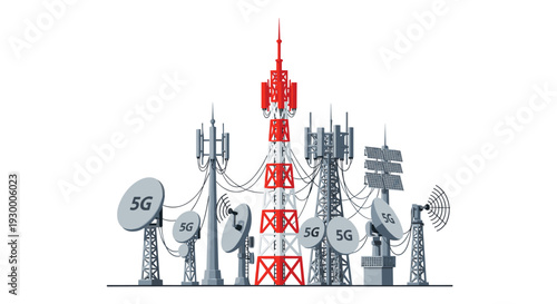 Multiple grey and red telecommunication towers and satellite dishes with 5G labels are clustered together against a plain white background.