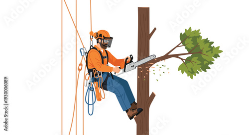 An arborist wearing safety gear and a helmet uses a chainsaw to prune a leafy branch from a tall tree trunk while suspended by ropes.