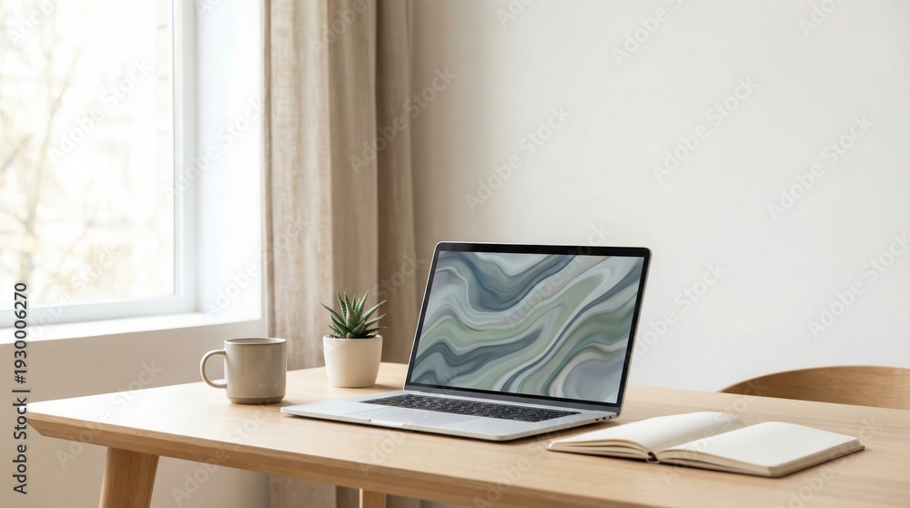 Fototapeta premium personal branding startups brand identity concept. Minimalist home office setup with laptop, coffee mug, plant, and notebook