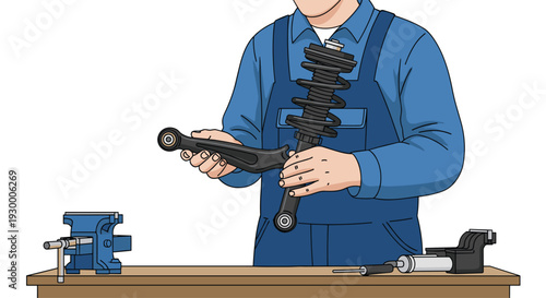 A mechanic in blue overalls holds a car suspension strut and a control arm over a wooden workbench equipped with a blue metal vise.