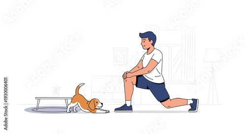 A man in a white t-shirt and blue shorts performs a leg lunge exercise alongside a small brown and white dog in a living room.