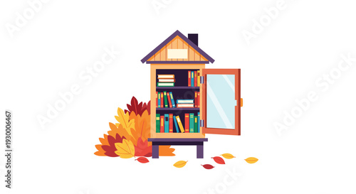 A wooden little free library house filled with colorful books stands next to a pile of fallen autumn leaves on a white background.