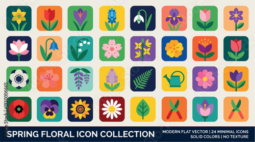A collection of 24 modern flat vector icons depicting various spring flowers, gardening tools, and plants in a minimalist style with solid colors.