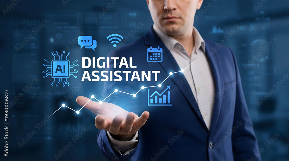 Obraz premium Professional businessman presenting innovative digital assistant AI technology with virtual growth i