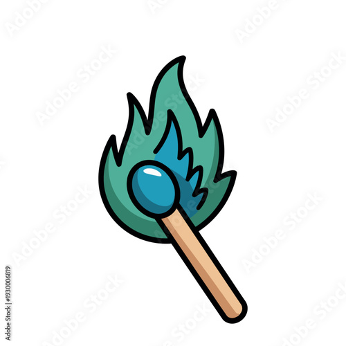 Lit wooden match ignites with a vibrant teal flame representing energy, ignition, or a sudden brilliant.